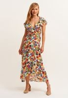 Çok Renkli Floral Desenli Kruvaze Maxi Elbise